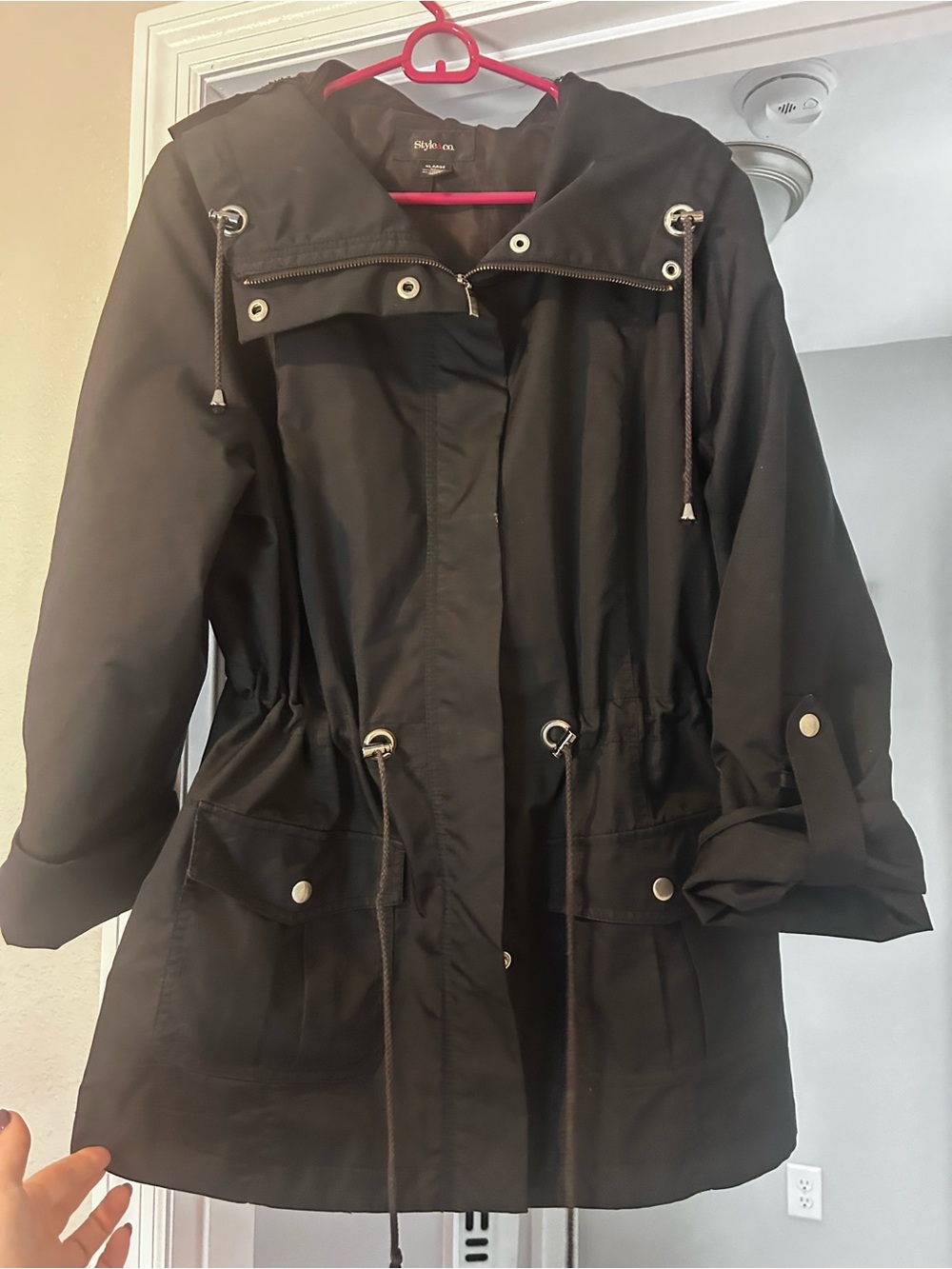 Style & Co. Black Hooded Utility Jacket with Drawstring Waist